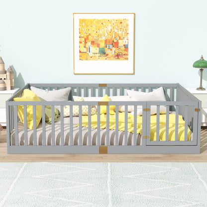 KEIKI Full Floor Bed Frame with High Fence Guardrail, Solid Wood Montessori Kids Bed, Pine Wood Platform Floor Bed with Storage Racks, White