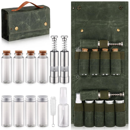 TOBWOLF Portable Spice Bag for Travel, Camping Spice Kit with 8 Jars, 2 Salt/Pepper Grinders, 1 Oil Spray, Foldable Canvas Seasoning Storage Bag, Condiment Container Set for Outdoor Picnic BBQ - Green
