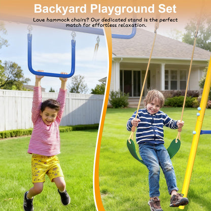 SMkidsport Heavy-Duty 5-in-1 Metal Swing Set for Backyard, Outdoor Playset for Kids 3-12 with Slide, 2 Swings, Basketball Hoop & Gymnastic Rings, Easy Assembly