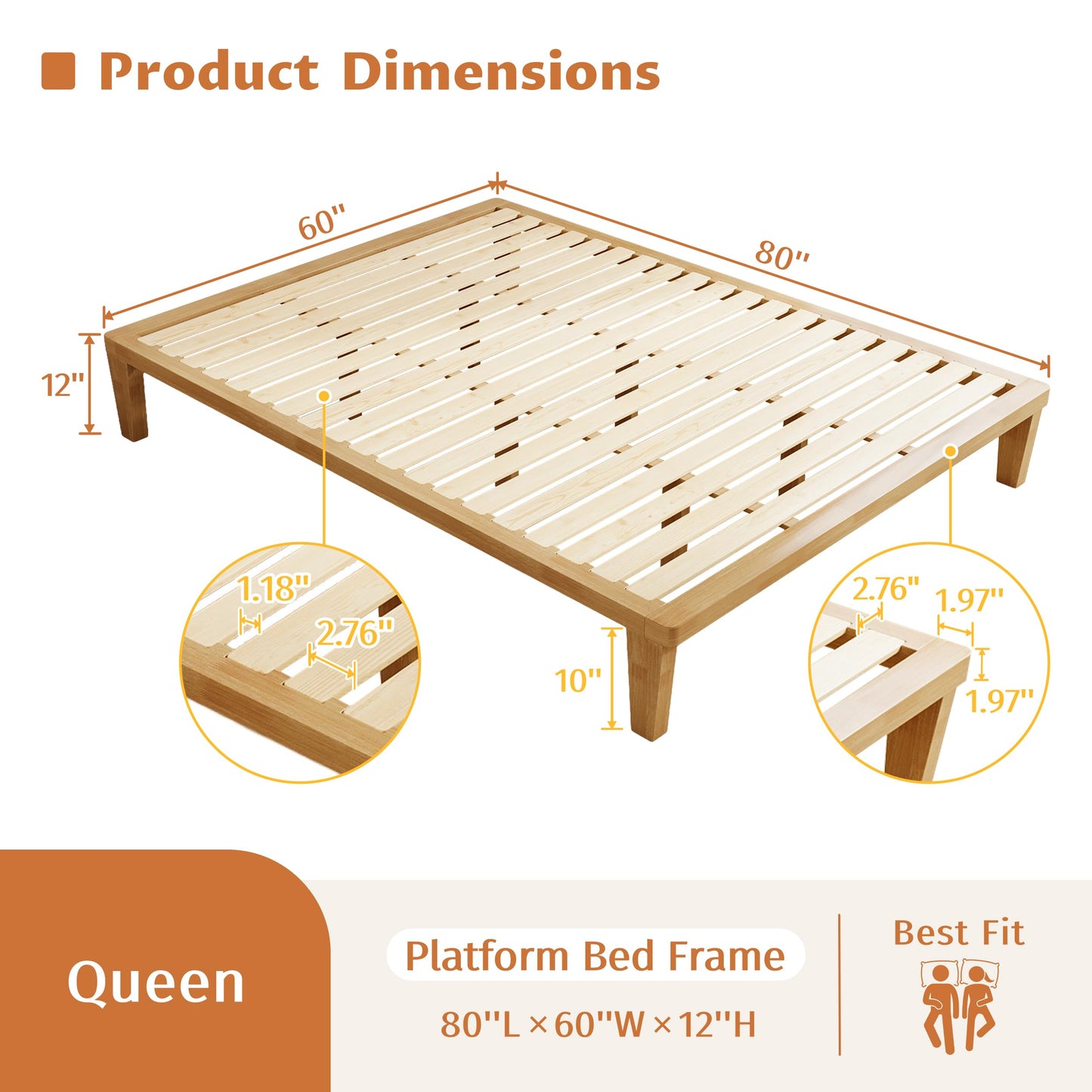 IOTXY Queen Platform Bed Frame - 12 Inch Solid Wood Mattress Foundation Base with Heavy-Duty Support Slats & Legs, Rubberwood Queen-Size Bedframe