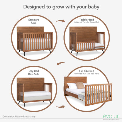 Evolur Stilnovo Mid-Century 4-in-1 Convertible Crib in Sugarcane – Greenguard Gold Certified, Solid Wood Construction, 3 Mattress Heights – Converts to Toddler, Daybed & Full-Size Bed