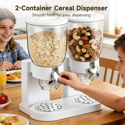 Skdqiee 2-Container Cereal Dispenser, 4L Dry Food Storage, White Triple Snack Dispenser, Rotating Dry Food Containers Storage for Candy, Nut, Coffee Beans, 10.6 x 6.3 x 13.8 in