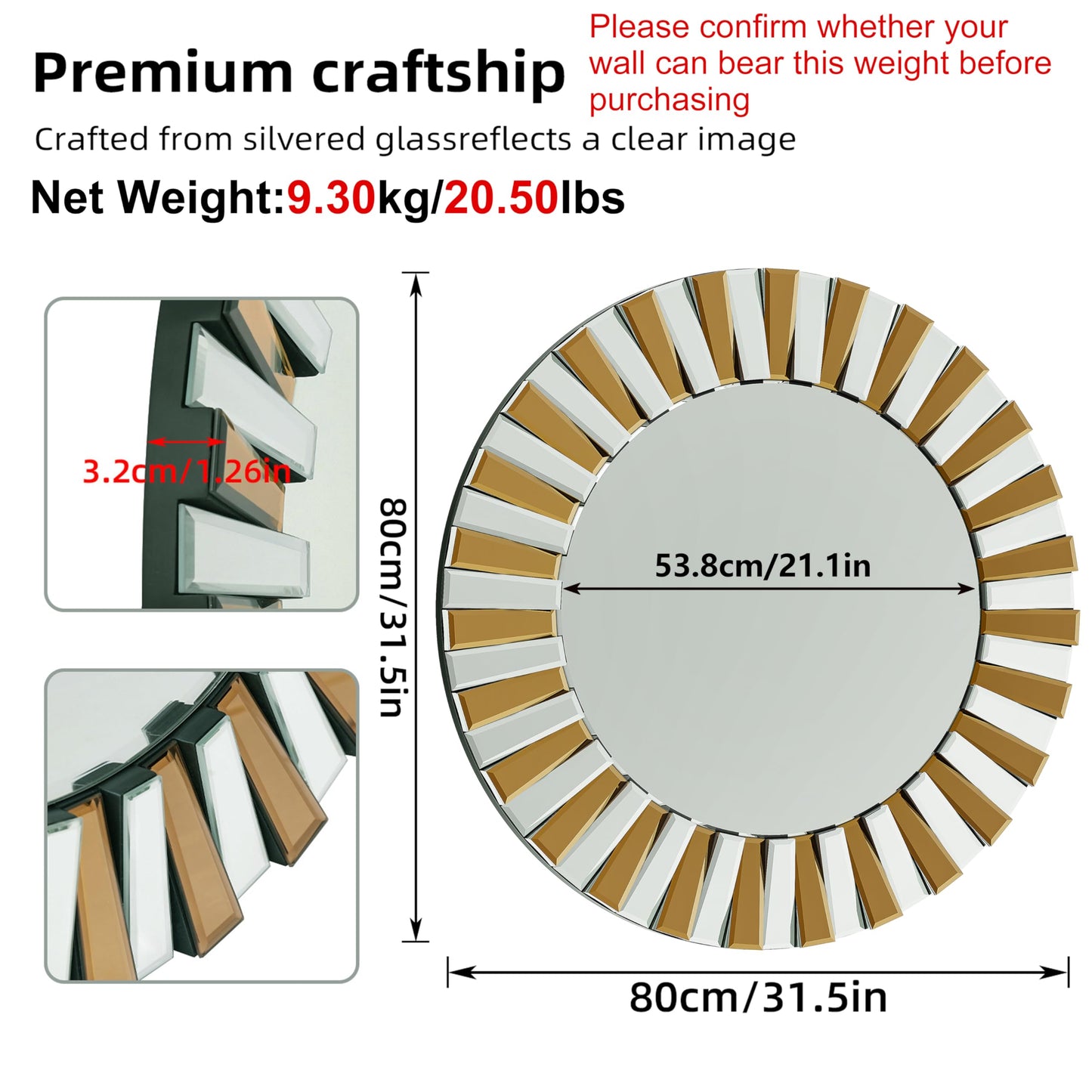 Artloge Round Wall Mirror Decorative Sunburst Silver-Brown Crystal Edge 32 inch