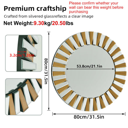 Artloge Round Wall Mirror Decorative Sunburst Silver-Brown Crystal Edge 32 inch
