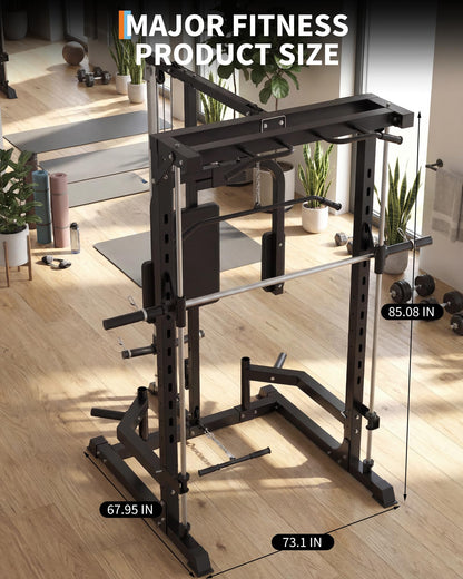 Garvee Smith Machine Home Gym, 1000 LB Power Cage Squat Rack with LAT Pulldown System, Chest Station & More Training Attachment, Multi-Functional Fitness Equipment for Full-Body Training, Black