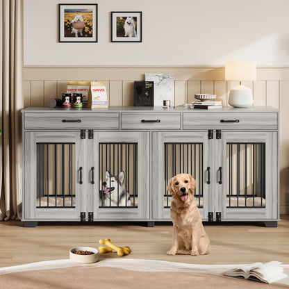 Garvee 71 Inch Large Dog Crate Furniture for 2 Dogs, Wooden Double Dog Crate Large Breed with Door, Dog Kennel Indoor, TV Stand End Table with Divider for Large Medium Dogs,Grey