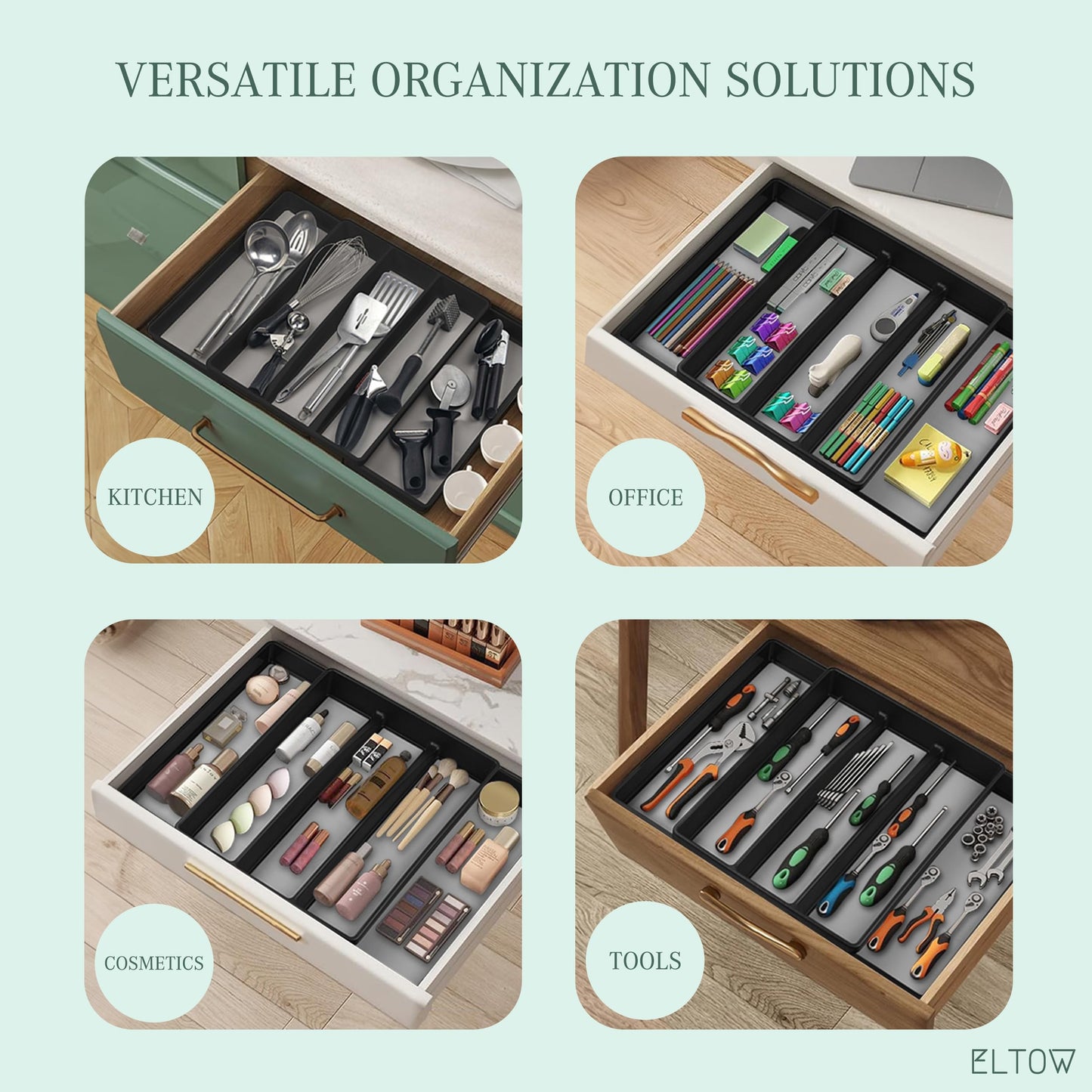 ELTOW Large Expandable Silverware Drawer Organizer, 8 Compartment Non-Slip & Adjustable Silverware Organizer for Drawer, Kitchen Organization for Utensils, Cutlery, Silverware Tray (Black)