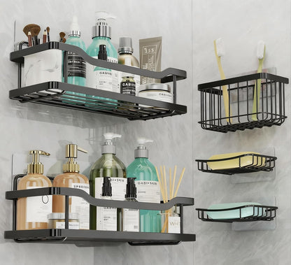 OMAIRA Shower Caddy - 5-Pack No-Drill Rustproof Organizer with Soap Holder | X-Large Black for Smooth Walls