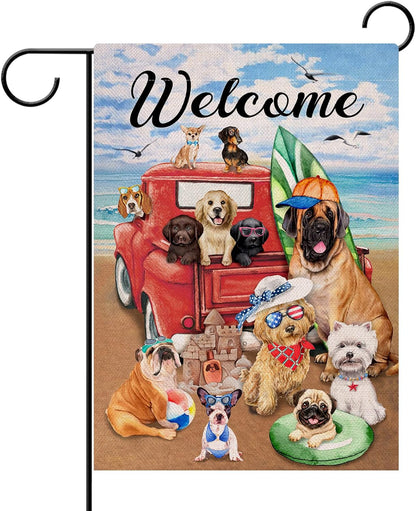 Welcome Summer Dogs Red Truck Beach Garden Flag, Double Sided, Ocean Coastal Nautical Decorative Yard Decor