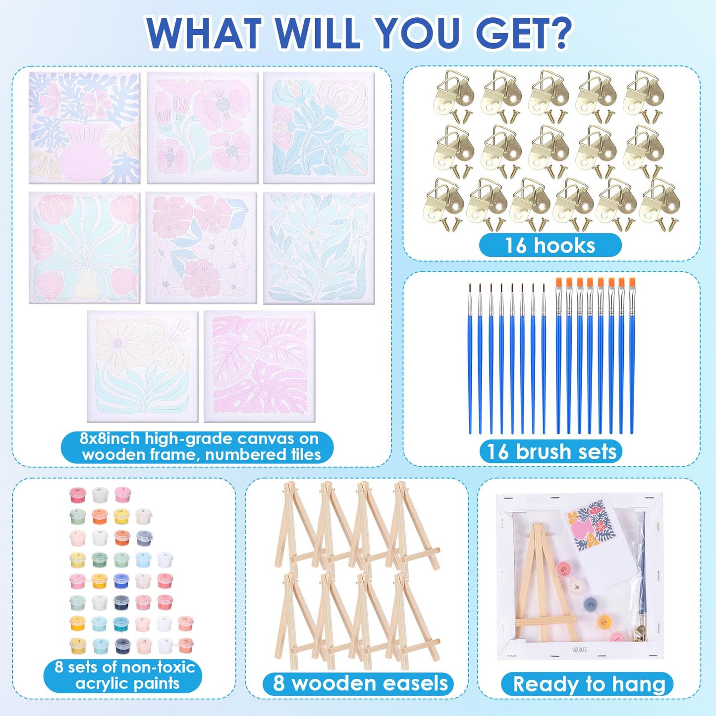 RoundFunny 8 Set Paint by Numbers Kit for Adults with 8x8 Inch Mini Simple Painting Canvas Wooden Frame Easel Acrylic Paints Brushes Funny Numbers Drawing Kit for Gift Home Wall Decor(Simple Blossom)