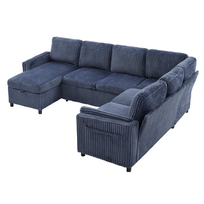 Merax Modern 111 Inch U-Shaped Convertible Sofa with USB Ports and Storage, Corduroy 6-Seat Sectional Pull Out Sleeper Sofa Bed with Chaise Lounge, Couch Set for Living Room, Blue