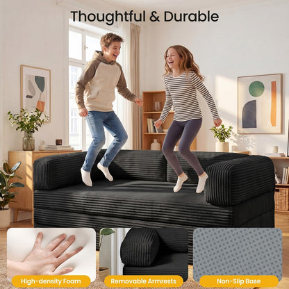 Erament Convertible Sofa Bed, Tri-Folding Mattress Queen Futon Couch Bed, Boneless Sleeper Couch Bed with Removable Armrests & Washable Cover for Guest Room, Living Room, Queen, Black