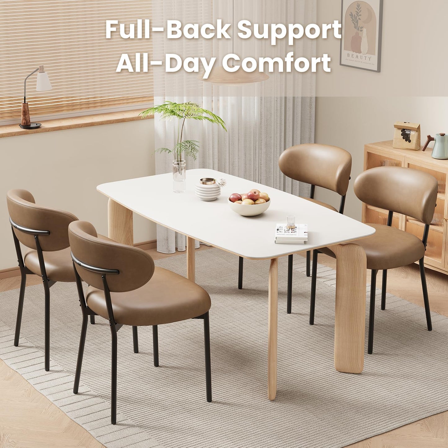 Upholstered Dining Chairs Set of 6, Modern Faux Leather Kitchen Chairs with Curved Backrest and Cushioned Seat, Sturdy Metal Legs, Modern Dining Chairs for Kitchen Dining Room, Living Room,Brown