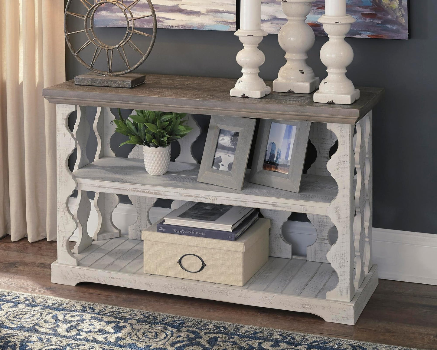 Signature Design by Ashley Havalance Farmhouse Console Sofa Table, Fixed Shelf, Pine Wood, 45.5" W x 17.25" D x 27.88" H, Distressed Finish, Gray & White