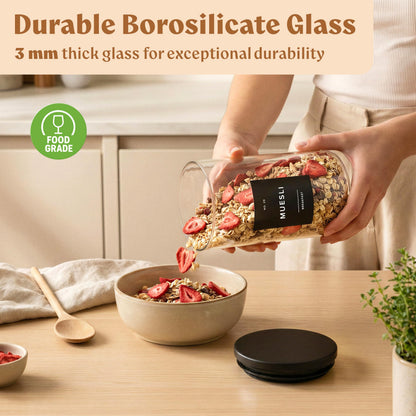 EDELHAUS Glass Storage Containers with Black Lids [Extra Thick Glas] with 54 Labels - Canister For Pantry Noodles Flour Cereal Rice Sugar Tea Coffee Beans - Round Set of 5x