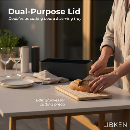Countertop, LIBKEN Bread Box Extra Thick Steel Bread Bin with Bamboo Cutting Board Lid & Drawstring Bread Bag - Modern