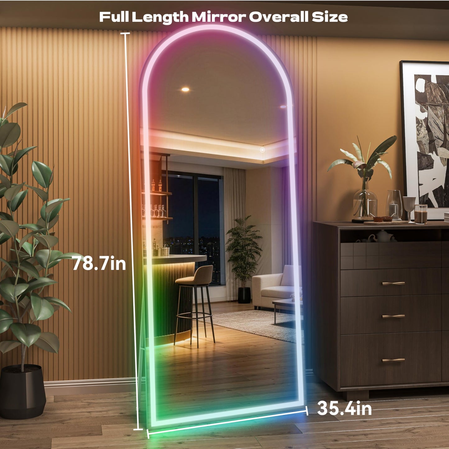 Hasipu Arch Full Length Mirror 79 x 36 in with Stand — Arch LED RGB Full Body Mirror, 7 Lighting Modes, Dimmable, Built‑in Bluetooth Speaker, White Frame for Bedroom Dressing Room