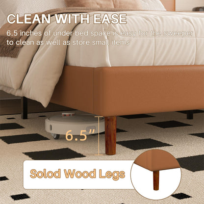 Lcwtvgxr King Size Leather Platform Bed Frame with Adjustable Upholstered Headboard, Solid Wooden Legs, No Box Spring Needed, Easy Assembly, Noise Free, Orange-Brown