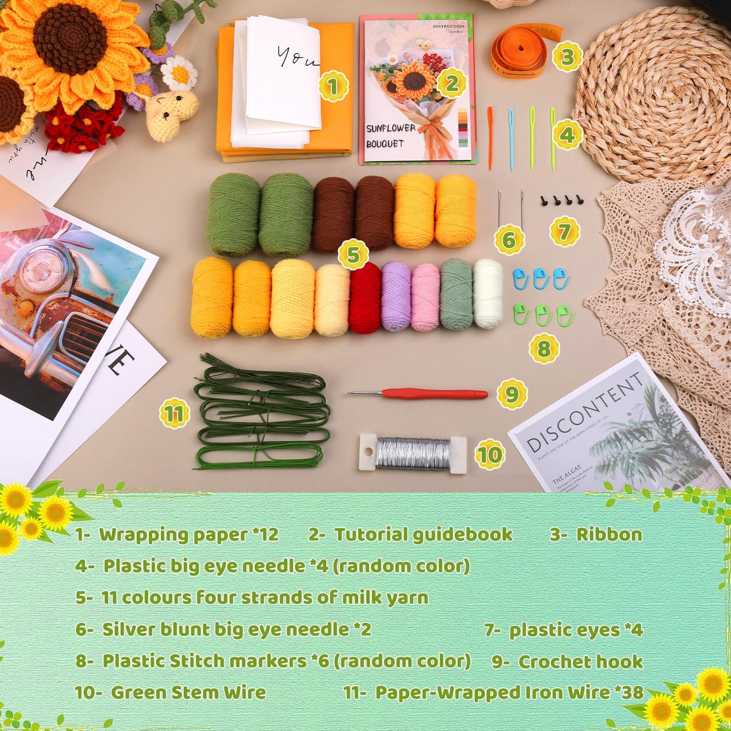 Iuuidu Crochet Kit for Beginners, Sunflower Beginners Crochet Kit, Crochet Flower Bouquet Kit, Knitting Starter Kit for Adults with Step-by-Step Video Tutorials Birthday Wedding Day Present