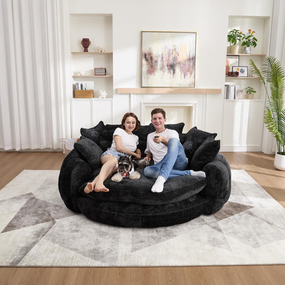 81" Round Sofa Bed Big Bean Bag Round Chaise Lounge Oversized Round Couch Boneless Reading Chair Plush Fluffy Chenille Large Chaise Chair for Living Room, Bedroom, Apartment, Black