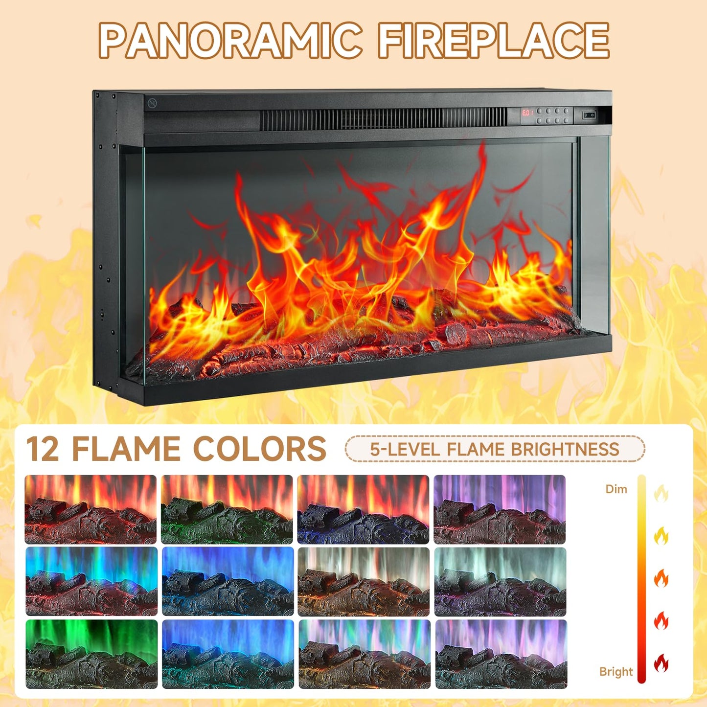 ROCKPOINT 97" Farmhouse Fireplace TV Stand with 3 Sided Glass 36" Electric Fireplace Heater for TVs up to 100", Media Entertainment Center with Adjustable Shelves and Large Storage Cabinets, Black