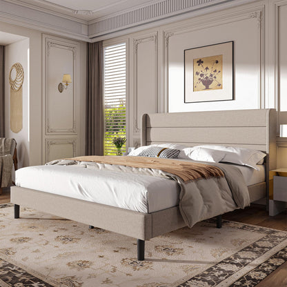 Mxhtcewz King Size Upholstered Platform Bed Frame, Modern Linen Fabric Bed with Wingback Headboard, Sturdy No Wobble, Noise-Free & Easy Assembly, No Box Spring Needed, Beige