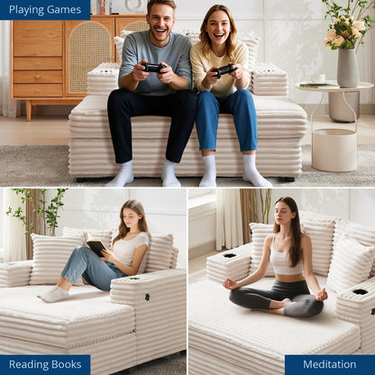 GarveeHome 60-inchOversized Chaise Lounge Chair Indoor, Comfy Corduroy Lounge Sofa with Charging Station, Cup Holders & Throw Pillows, Cozy Sleeper Couch for Living Room Apartments, Beige