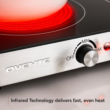 OVENTE Infrared Ceramic Double Burner, 1800W Electric Countertop Hot Plate with Black Crystalline Glass, Portable Stainless Steel Cooktop for Home, Office, or Dorm Use, Black BGI302GB