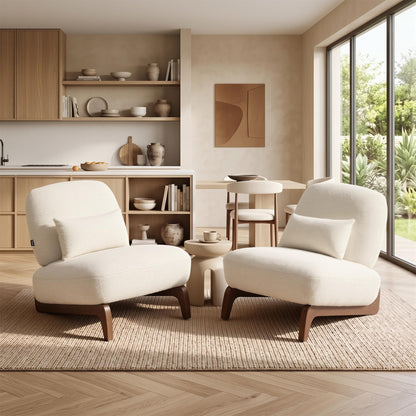 WELAX Modern Boucle Accent Chairs Set of 2, Sturdy Tilted Wood Legs with Thick Cushion & Comfy Lumbar Pillow, Armless Reading Chairs for Living Room, Lounge, Bedroom - White