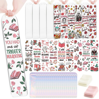 Dazoratix Dark Romance Acrylic Bookmarks - 45 Pcs Funny Acrylic Bookmark Blanks Double-Sided Clear UV DTF Transfer Stickers Bookmark Making Kit Yellow Pink Ribbon for Book Lovers Women DIY Crafts Gift