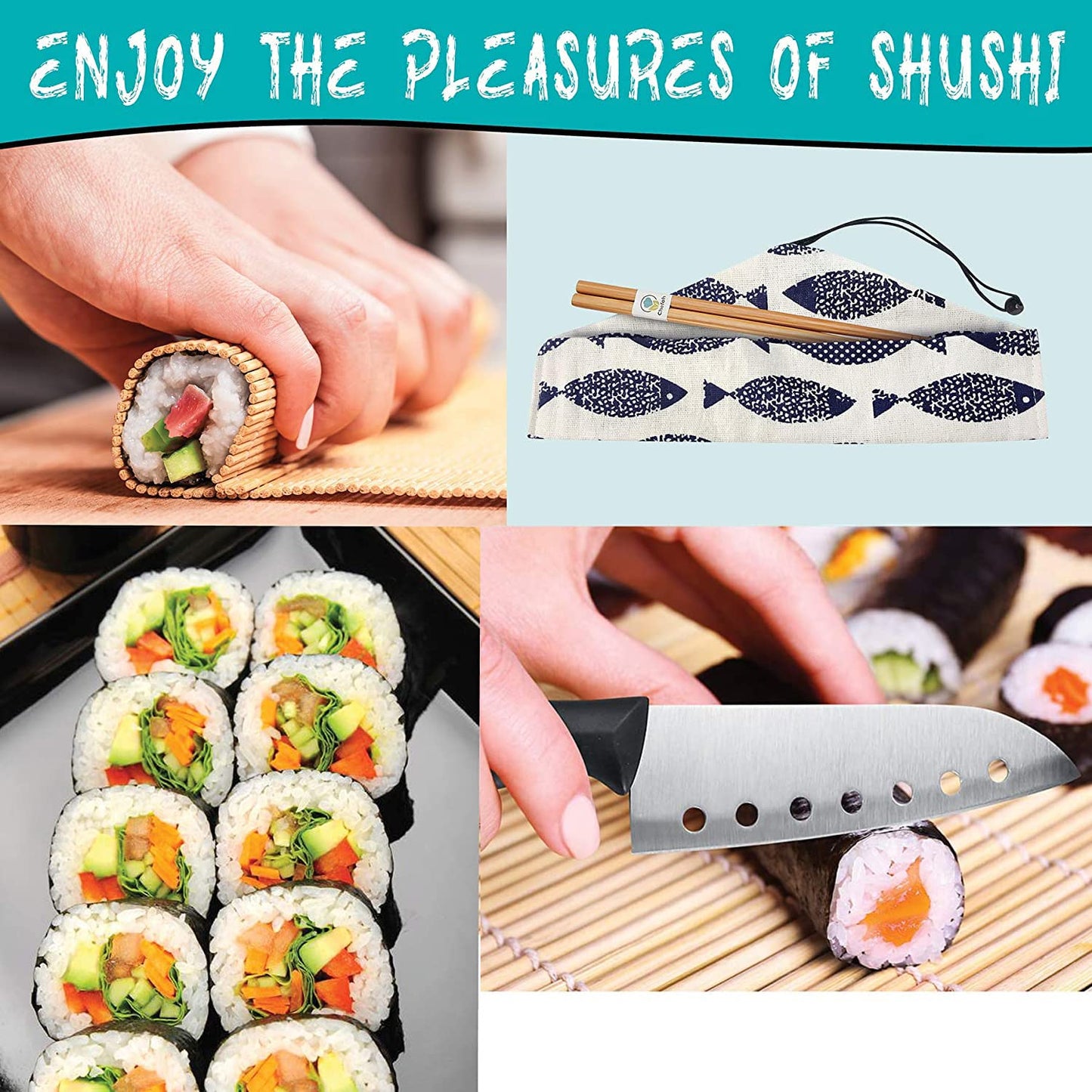 SmileTools Sushi Making Kit, 22 in 1 Sushi Roller Sushi Maker Kit with Bamboo Sushi Rolling Mats, Bazooka, Chef's Knife, Chopsticks, Sauce Dishes, Rice Spreader, Avocado Slicer, Guide Book
