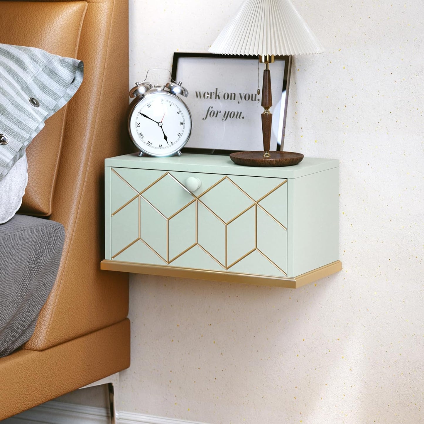 Modern Green Floating Nightstand with Flap Door - Compact Wall-Mounted Design