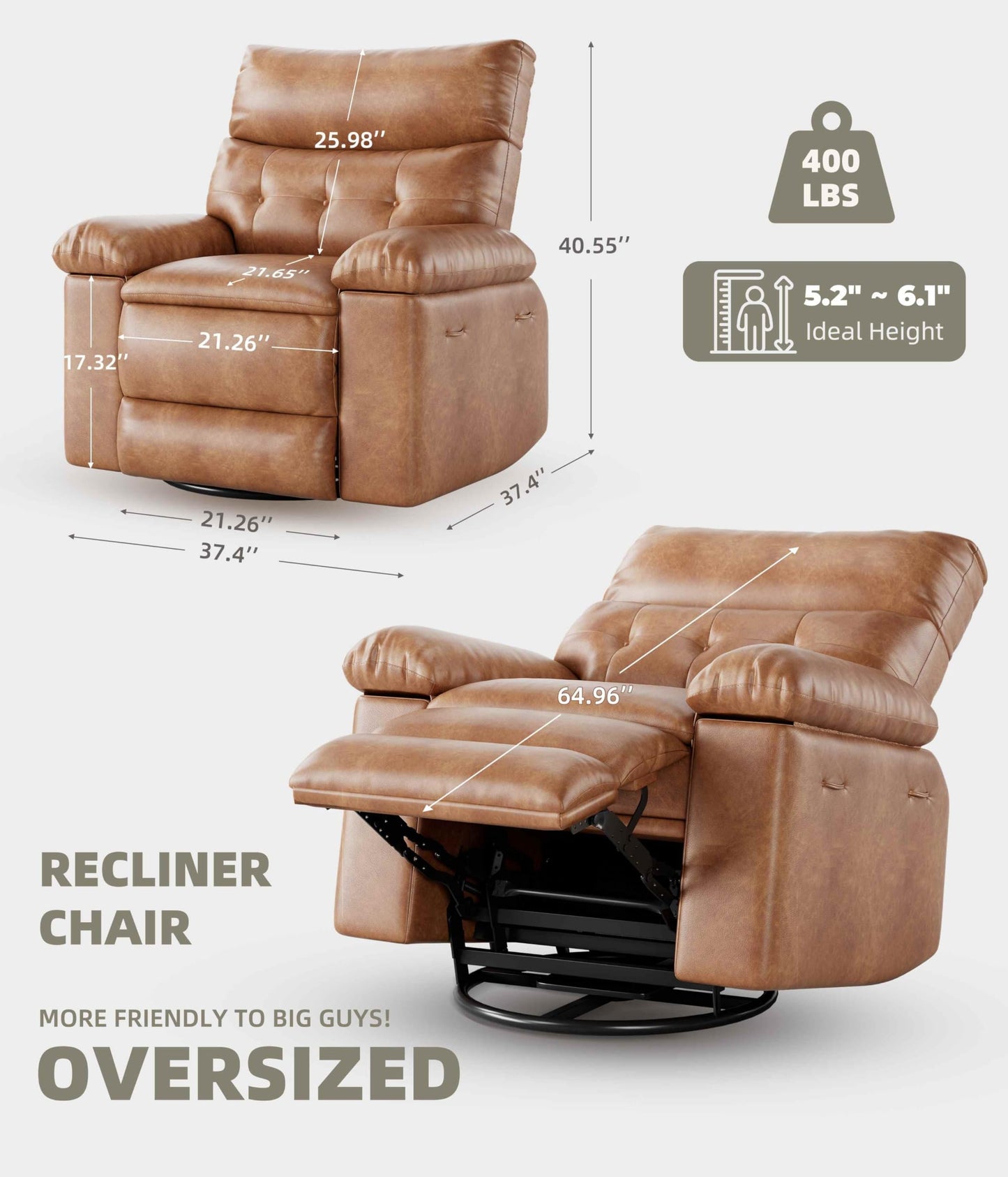 Oversized 360° Swivel Rocking Recliner Chair with Massage & Heat, Remote Control Lazy Chair for Adults with Comfort Arms and Back for Adults, Ergonomic Recliner for Living Room, Bedroom, Nursery