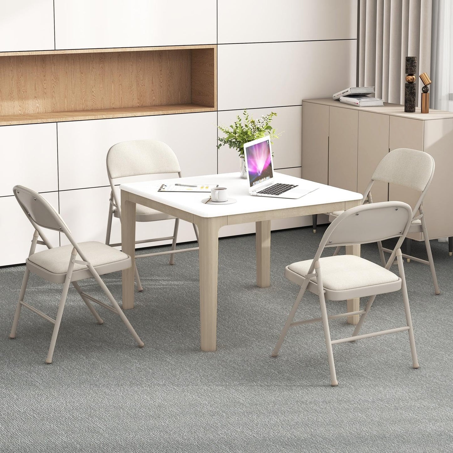 TANGZON 2/4/6 Pack Fabric Padded Folding Chairs, Steel Frame Conference Chairs with Backrest & Non-Slip Foot Pads, Easy Storage Event Hall Guests Seat for Home Office Reception (6pcs,Mid Back,Beige)