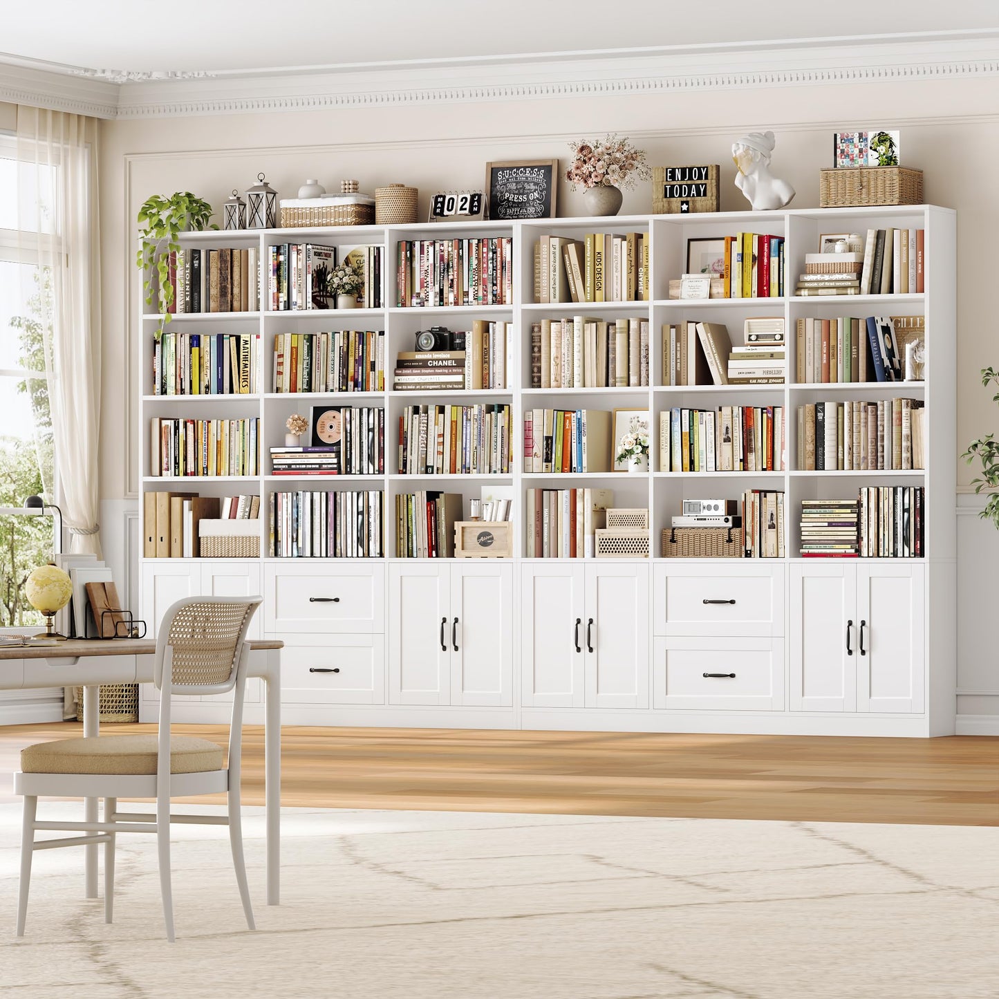 HOSTACK 71" Tall Triple Wide Bookshelf with Doors & Drawers, Modern Wood Bookcase for Storage, 6-Tier Large Bookcase with Display Shelves, Space-Saving Bookshelf for Living Room, Home Office, White