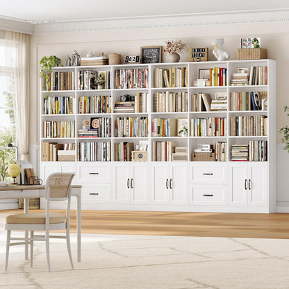 HOSTACK 71" Tall Triple Wide Bookshelf with Doors & Drawers, Modern Wood Bookcase for Storage, 6-Tier Large Bookcase with Display Shelves, Space-Saving Bookshelf for Living Room, Home Office, White