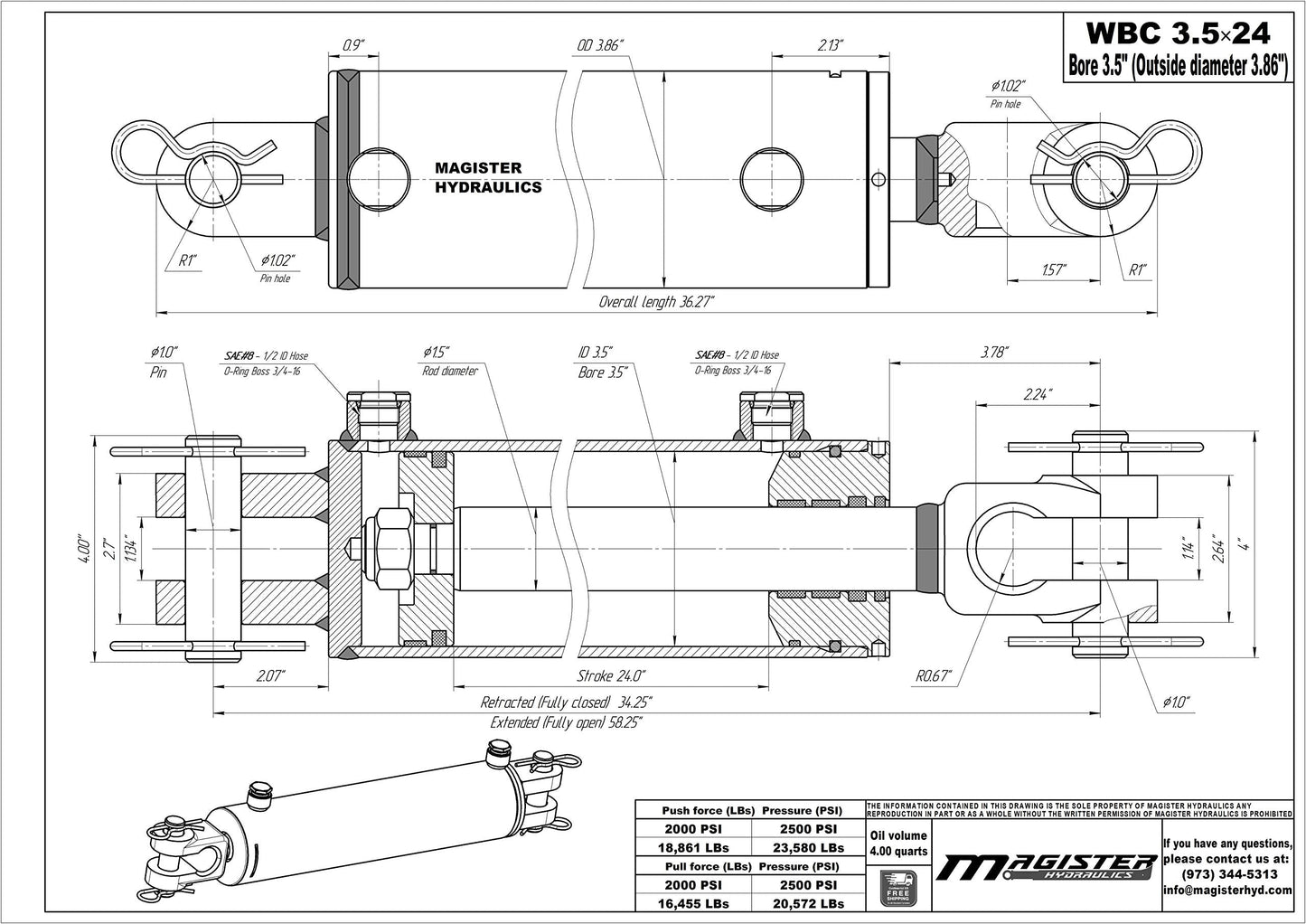 Magister Hydraulics Double Acting Hydraulic Cylinder - AG Clevis Hydraulic Cylinder 2500 PSI tie-Rod Alternative 3.5" bore 24" Stroke (3.5x24)