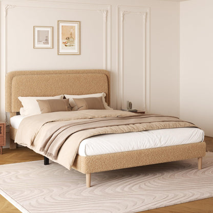 viplov Queen Size Boucle Upholstered Platform Bed Frame with Adjustable Headboard, Soft Cloud Bed, No Box Spring Needed, Noise Free, Easy Assembly, Brown