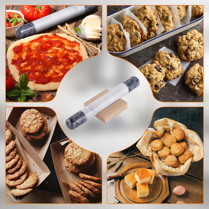 Tianman French Marble Rolling Pin.12 Inchs Marble Rolling Pin for Baking With Wooden Base Holder Stand-Non-Stick Baking Roller for Baking Fondant, Pizza,Cookies,Crust,Pasta(Black-White-Blakc)