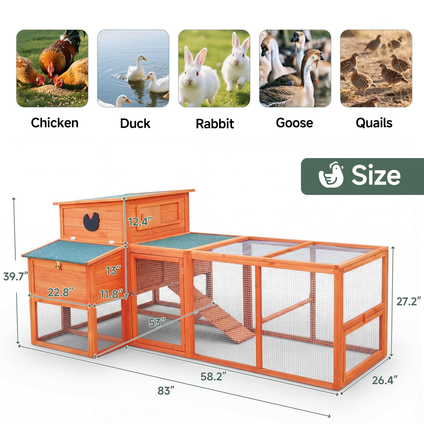 WHEGETED XLarge Chicken Coop with Nexting Box and Run Premium Poultry Cage with Waterproof Roof and Tray Spacious Wooden Chicken House Size for Backyard Small Animals 3-4 Chickens and Duck Orange 83"