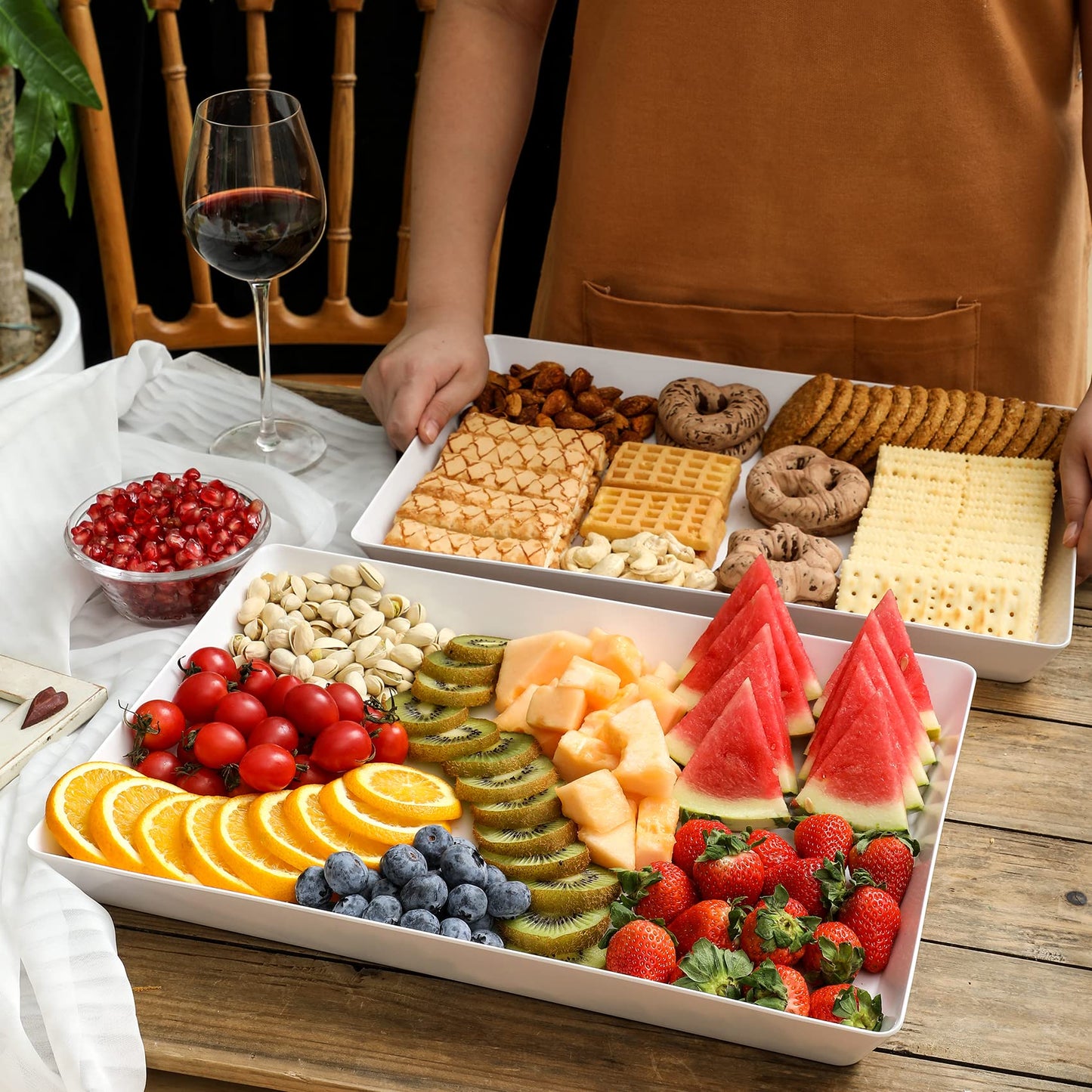 8 Pack, 16" x 11" Large White Serving Trays Set - Reusable Plastic Serving Platters for Cookie, Appetizer, Charcuterie, Snack, Dessert, Party Food Display - Stackable Kitchen CounterTop Tray, BPA Free