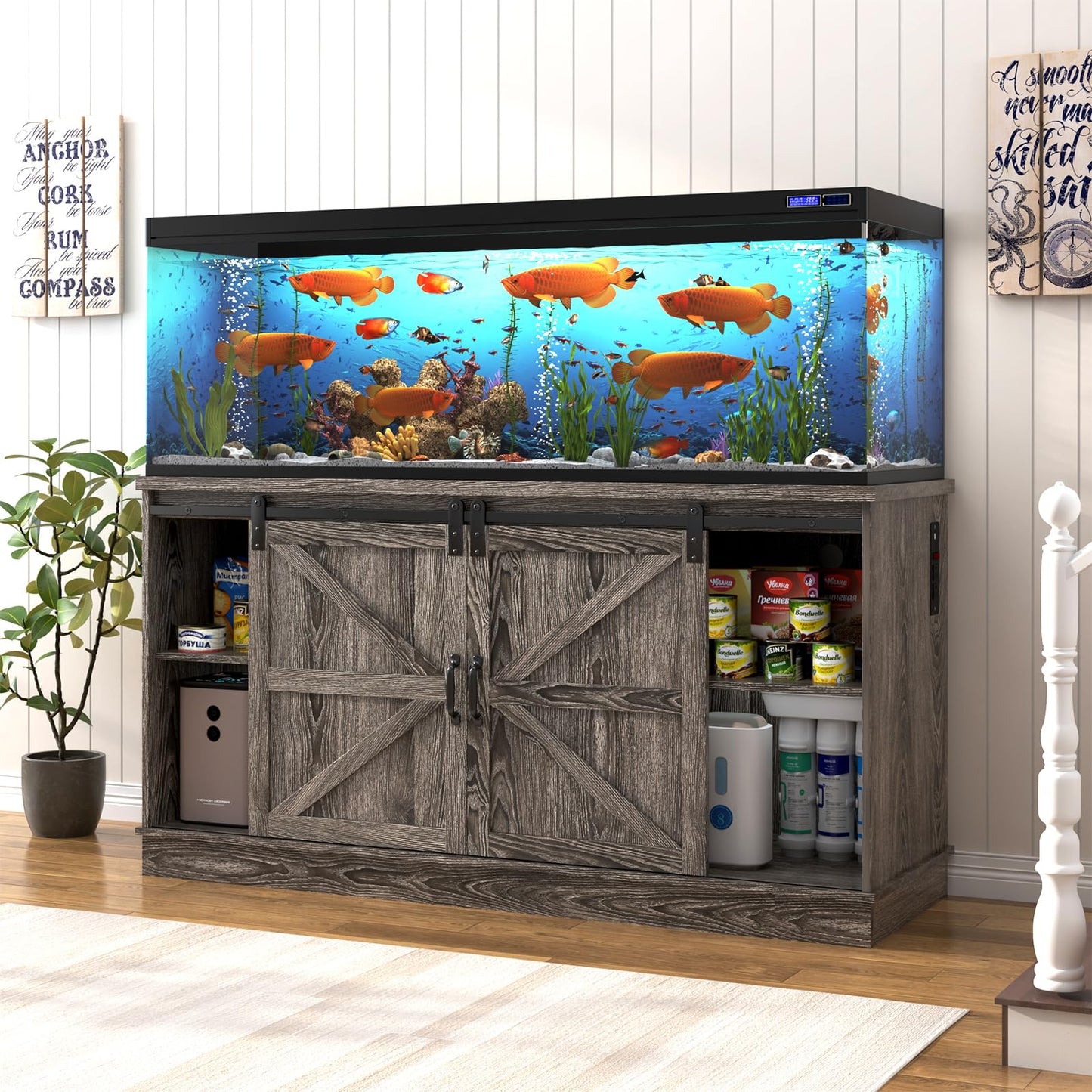Hlivelood Farmhouse 75-120 Gallon Fish Tank Stand with Power Outlet, Aquarium Stand w/Cabinet&Sliding Barn Door, Heavy Duty Reptile Tank Stand for Fish/Turtle/Reptile Terrarium, 1000LB Capacity, Grey