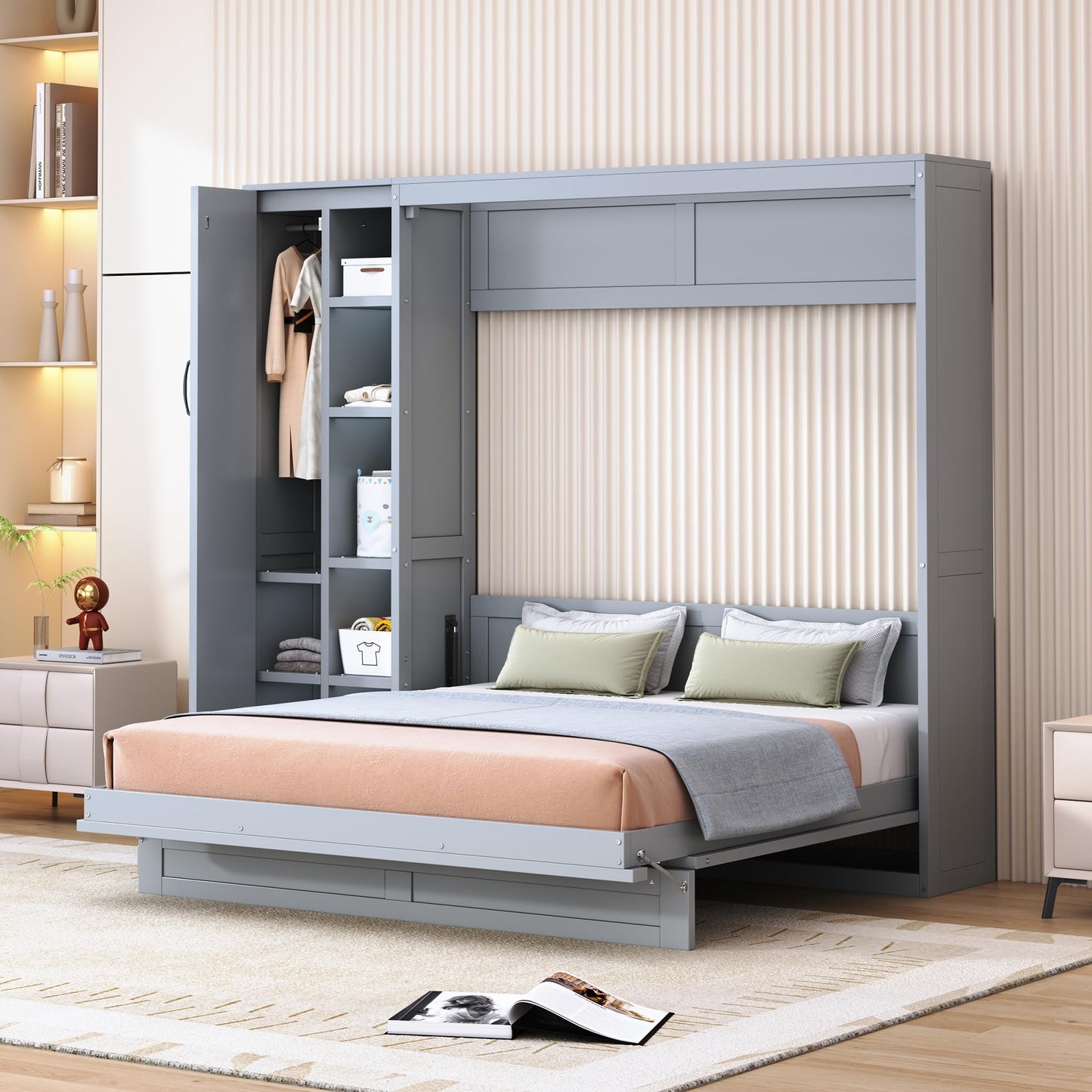 Ball & Cast Murphy Bed Queen Size Wall Chest with Shelves and 4 Drawers,Wood Hideaway Cabinet Platform Bedframe w/LED Lights,can be Folded,Space-Saving,for Small Room,Dorms,Gray