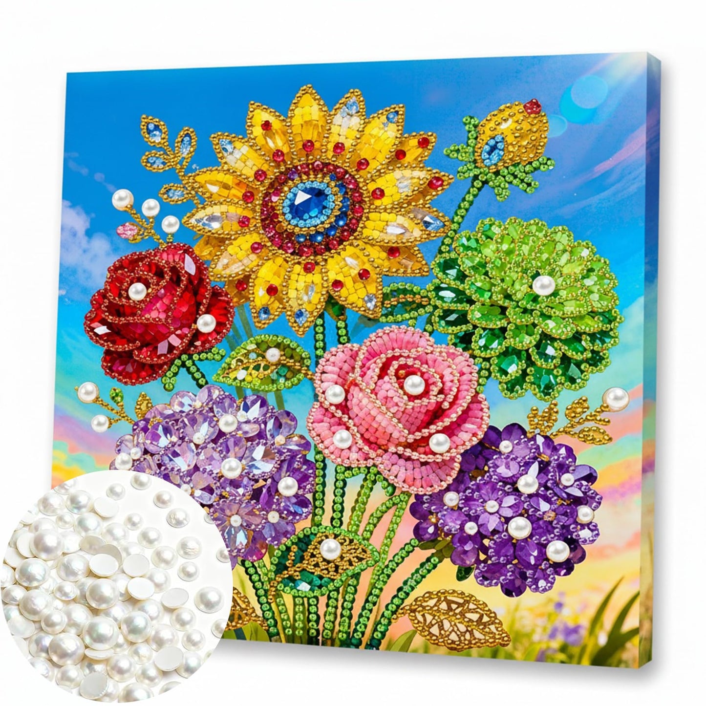 Huacan DIY 3D Pearl Painting Kit - Floral Pearl Art Craft Kit Pearl Painting with Frame for Home Wall Decor 9.8 * 9.8 Inch for Adults and Beginners