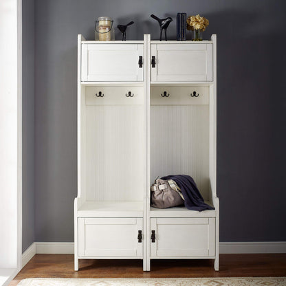 Crosley Furniture Fremont 2-Piece Hall Tree Entryway Set with Storage Cabinets and Coat Rack Hooks, Distressed White