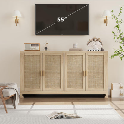 GarveeHome 60 in Farmhouse Rattan Buffet Cabinet - 4-Door Woven Storage Sideboard with Adjustable Shelves, Kitchen Console Table for Dining Room & Living Room Entryway (Oak Brown)