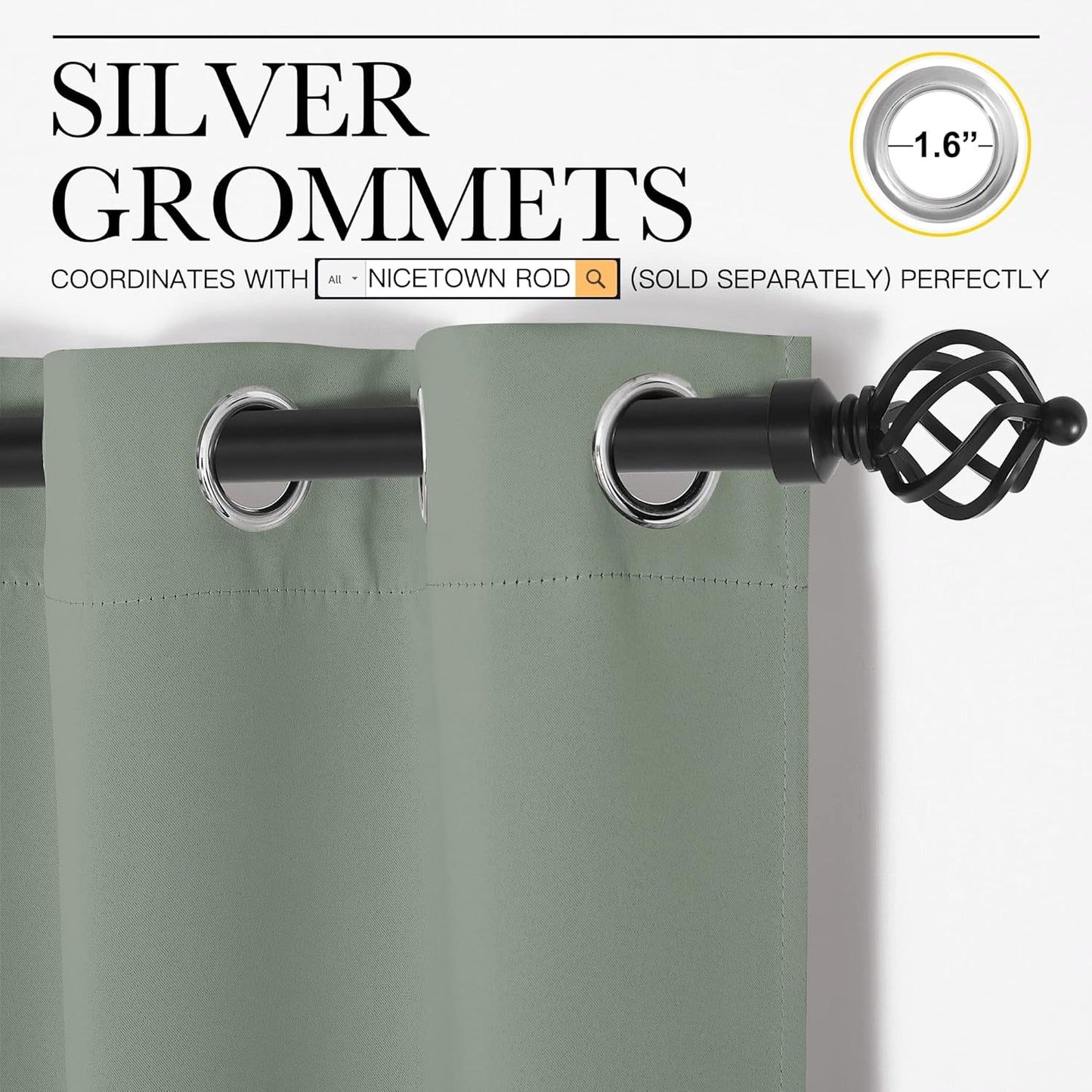 NICETOWN Greyish Green Blackout Curtains - 86" Long | Sound Reducing & Energy Efficient | 55" Wide, 2 Panels