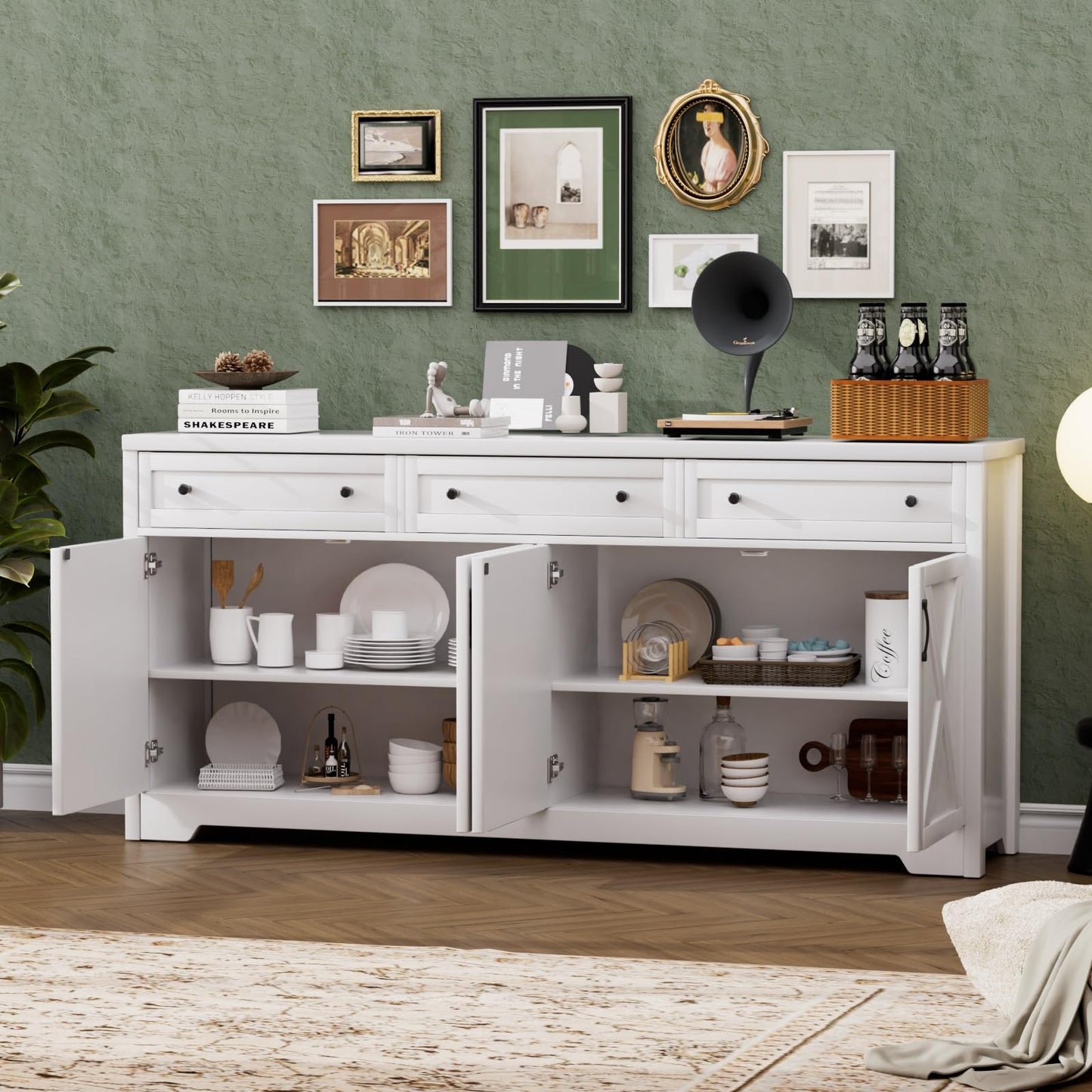 Lyromix 66'' Farmhouse Sideboard Buffet Cabinet with Storage, Large Kitchen Storage Cabinet with Barn Doors Drawers, White Coffee Bar Table for Dining Room Kitchen