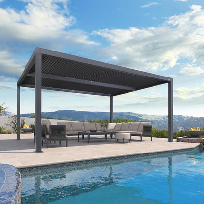 PURPLE LEAF LED Louvered Pergola 94AS 12'x 16' Full Aluminum Frame and Adjustable Roof Integrated Strip Lights for Outdoor Deck Garden Patio Gray Hardtop Gazebo Pergola