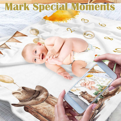 Kwtzkuo Western Milestone Blanket, Cowboy Baby Monthly Blanket with Marker, Newborn Baby Shower Photo Props My First Rodeo Gifts